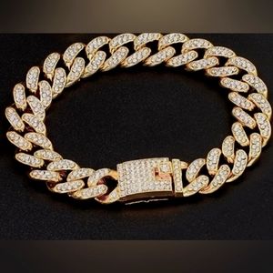Pave Iced CZ Crystal Gold Cuban Wide Links Bracelet Rhinestone Unisex Mens New